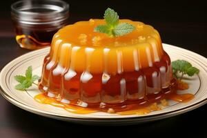 a jelly pudding with honey and mint leaves photo