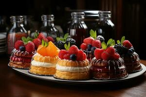 photos of tarts in indoor kitchen table photo studio AI Generated