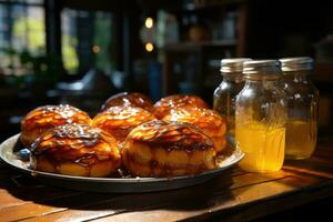 photos of tarts in indoor kitchen table photo studio AI Generated