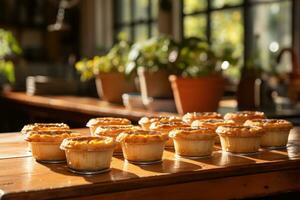 photos of tarts in indoor kitchen table photo studio AI Generated