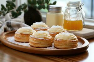 photos of tarts in indoor kitchen table photo studio AI Generated