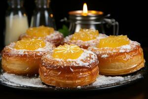 photos of tarts in indoor kitchen table photo studio AI Generated