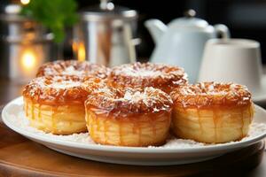 photos of tarts in indoor kitchen table photo studio AI Generated