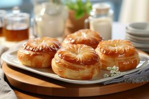 photos of tarts in indoor kitchen table photo studio AI Generated