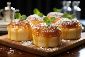 photos of tarts in indoor kitchen table photo studio AI Generated