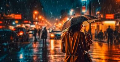 Girl in the rain with an umbrella, blurred background - AI generated image photo