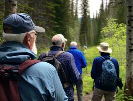 view from behind, A group of four retirees in their late 60s and early 70s are hiking through a scenic mountain trail. free time and freedom in nature, senior healthy lifestyle concept. Generative AI photo