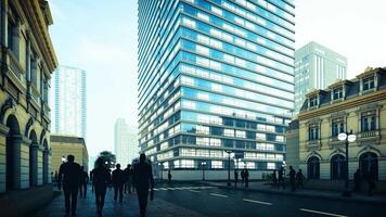 modern kantoor gebouw met silhouetten van zakenlieden wandelen Aan trottoir video