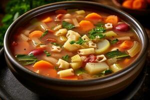 photos of vegetarian minestrone in indoor kitchen table photo studio AI Generated