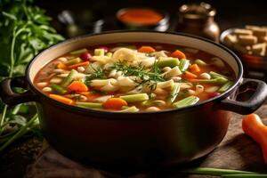 photos of vegetarian minestrone in indoor kitchen table photo studio AI Generated