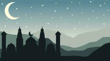 Mosque silhouette landscape vector illustration. Landscape ramadan design graphic in muslim culture and islam religion. Background of mosque in the night for Islamic wallpaper design