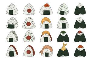 Hand drawn onigiri clipart set. Japanese fast food made of rice. Rice ball in nori seaweed vector