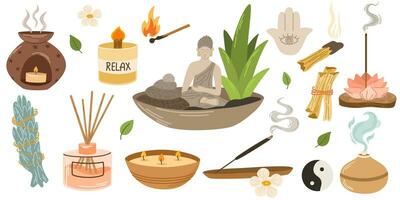 Aromatherapy set. Aroma lamps of different shapes and sizes. Aromatic oil. Ayurveda Aromatic therapy. Hand draw vector illustration