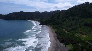 aéreo Visão do pantai jolosutro, leste Java, Indonésia, de praia com branco areia misturado com Preto video