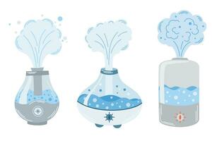 aire humidificador. varios dispositivos para limpieza y humidificante aire para el hogar. aire purificación proceso. sano humedad. vector ilustración en plano dibujos animados estilo.