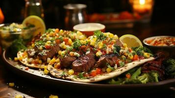 Homemade taco with grilled steak fresh vegetables and spicy AI Generative photo