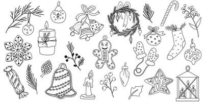 Doodle new year cute pen line elements set. Doodle Christmas cookie, bells, toys, fur tree, sparkle decoration symbol set icon. Hand draw vector illustration