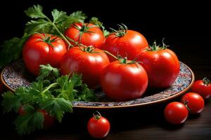 photos of tomatoes in indoor kitchen table photo studio AI Generated