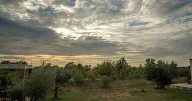 Time-lapse video of a sunset over land with fast-moving clouds and bushes in the foreground