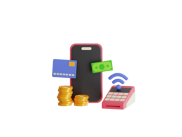 Contactless payment 3d illustration. Contactless payment via smartphone. Contactless payment using a debit card. Payment terminal png