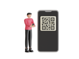 qr Code Scannen 3d Illustration. Mann verwenden Smartphone und Scan qr Code zum Zahlung und alles. Mann mit Telefon mit qr Zeichen png