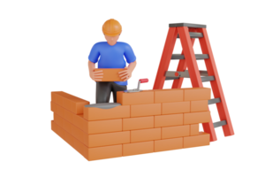 3d illustration of builder making brick wall. Builder laying bricks on construction site png