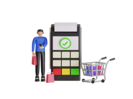 3d illustration de client payant avec téléphone intelligent à vérifier. mobile Paiement en utilisant nfc technologie. homme fabrication sans contact Paiement dans supermarché png