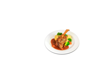 grille de agneau côtelettes à la perfection servi avec rôti patates, français haricots, Cerise tomates. tagliatelles italien cuisine. gratuit espace pour votre texte. png