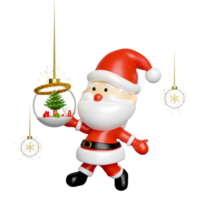 3d Santa Claus hands holding snow ball, ornaments glass transparent with christmas tree, snowflake. merry christmas and happy new year, 3d render illustration png