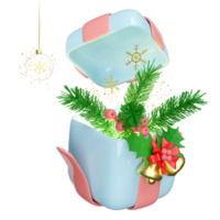 aberto presente caixa com vidro transparente bola decorativo, pinho folhas, floco de neve, tinir Sino. alegre Natal e feliz Novo ano, 3d render ilustração png