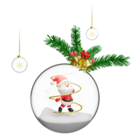 3d snow ball, ornaments glass transparent with Santa Claus, pine leaves, snowflake, Jingle bell. merry christmas and happy new year, 3d render illustration png
