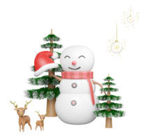 snowman holding Santa Claus hat with christmas tree, deer, ornaments glass transparent, snowflake. merry christmas and happy new year, 3d render illustration png