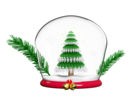 christmas glass dome with christmas tree, pine leaves, snowflake. merry christmas and festive New Year, 3d render illustration png
