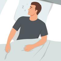 hombre dormido en cama - vector ilustración de persona acostado en dormitorio ronquidos y teniendo un dormir.