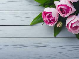 Composition of botanical flowers with a wooden background. AI Generative photo