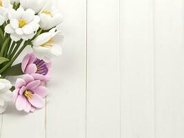 composición de botánico flores con un de madera antecedentes. ai generativo foto