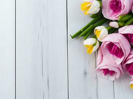 composición de botánico flores con un de madera antecedentes. ai generativo foto