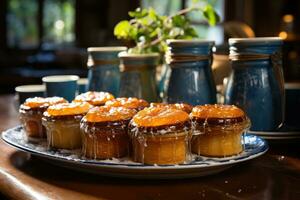 photos of tarts in indoor kitchen table photo studio AI Generated