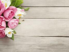 composición de botánico flores con un de madera antecedentes. ai generativo foto