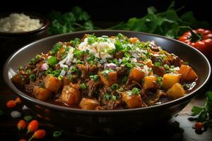 photos of stew beef and vegetable in indoor photo studio AI Generated