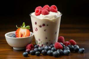 foto de taza de yogur en interior foto estudio ai generado