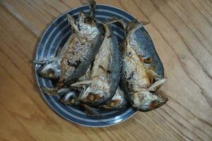 top view Several fried mackerel Stacked on a ceramic plate. Place on the table background, fish, food, object, health, copy space photo