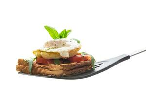 Prepared toast sandwich with fried egg with spices and herbs. photo