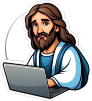 Jésus travail sur une portable png ai génératif
