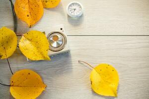 Autumn foliage with a camera on a wooden table. photo