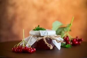 viburnum jam in a glass jar and fresh red viburnum. photo