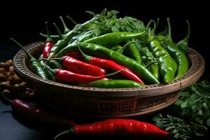 photos of red pepper green chilli in indoor photo studio AI Generated