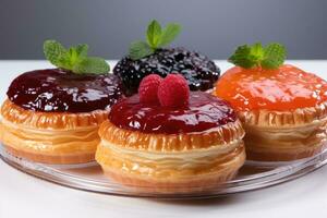 photos of tarts in indoor kitchen table photo studio AI Generated