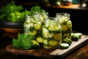 photos of pickled cucumbers in indoor kitchen table photo studio AI Generated