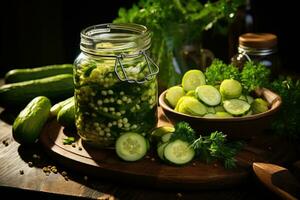 photos of pickled cucumbers in indoor kitchen table photo studio AI Generated